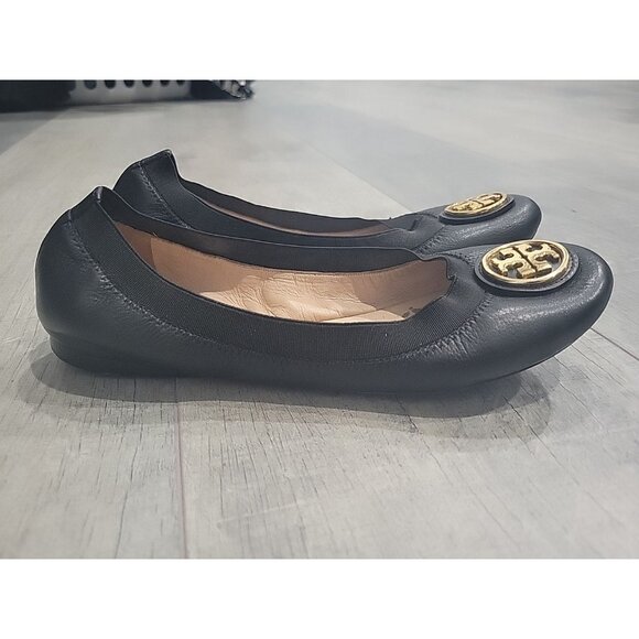 Tory Burch Caroline 2 Ballet Flats in Black Leather Gold Logo, Size 7 M - Picture 3 of 6